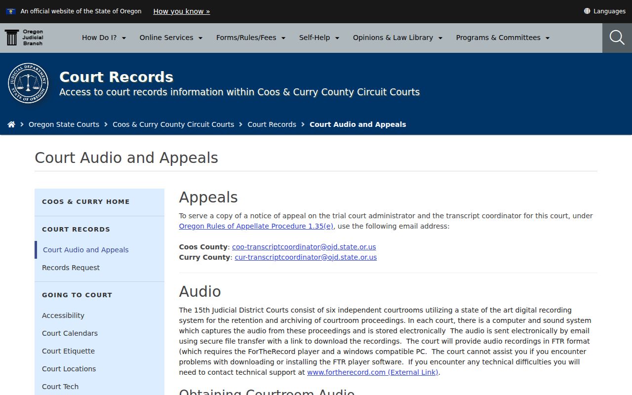 Coos County criminal court hearing audio request instructions