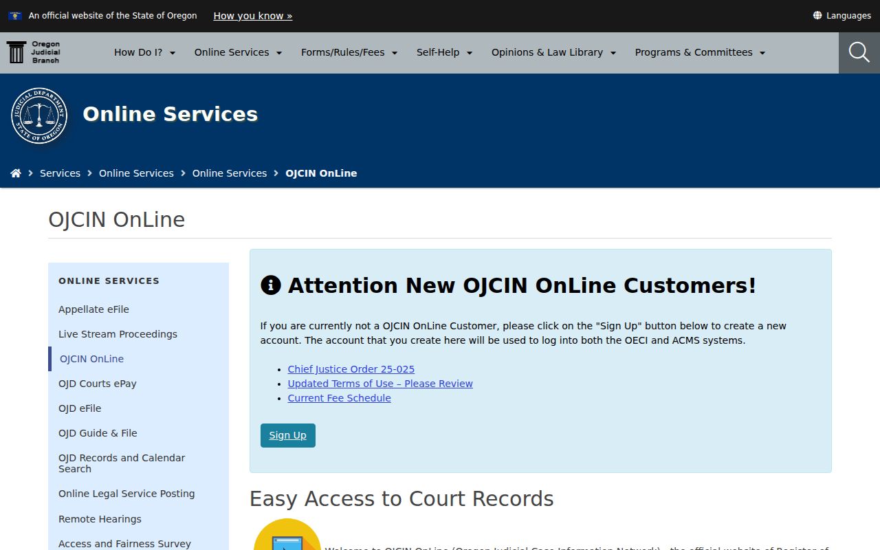 Coos County criminal history OJCIN court record system overview