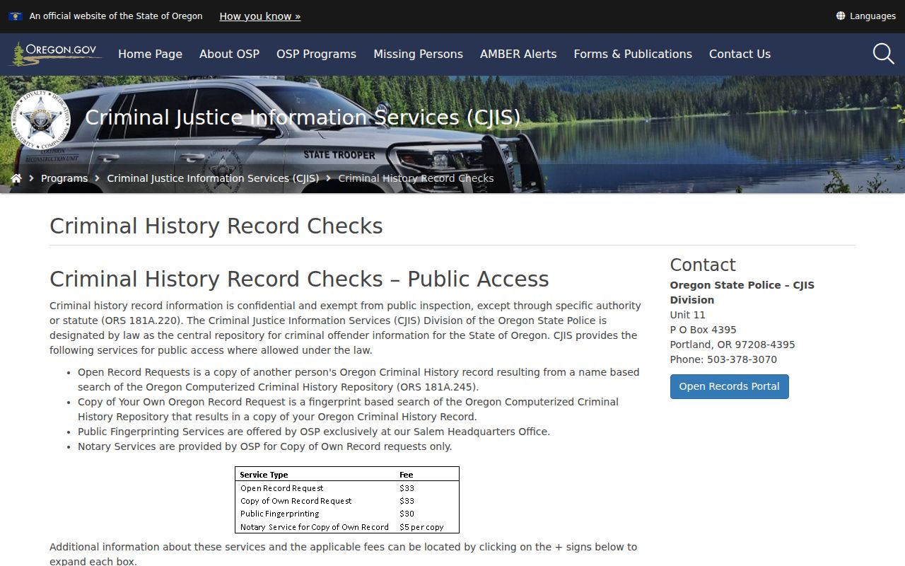 Coos County criminal history Oregon State Police services