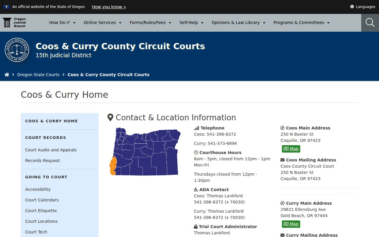 Coos County criminal history courthouse and court contact information