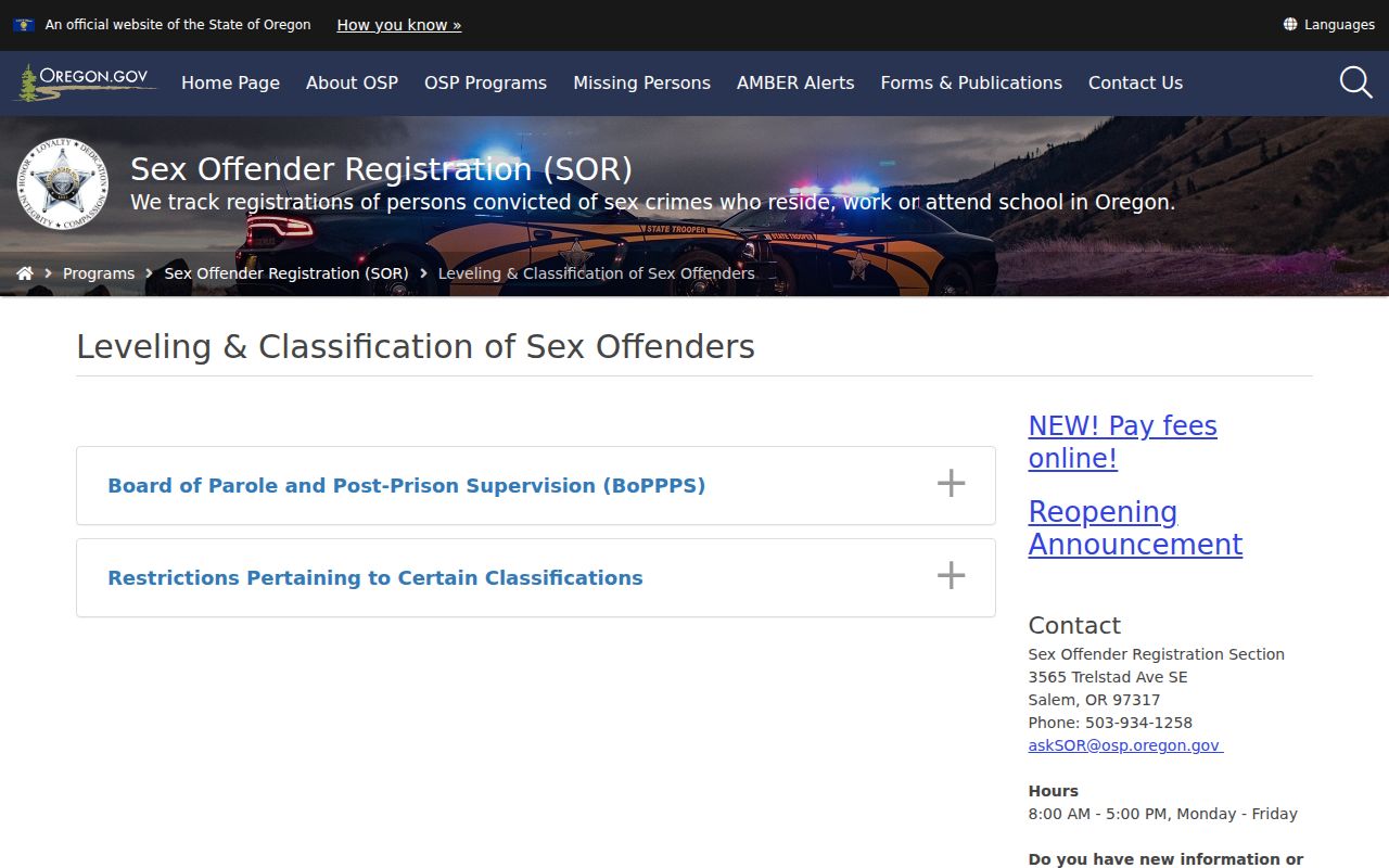 Coos County sex offender risk level laws from OSP